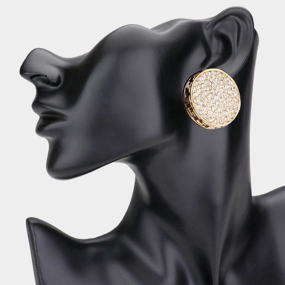 Gold Greek Key Patterned Rhinestone Crystal Round Stud Earrings